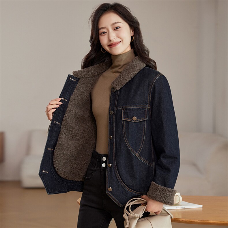 加绒牛仔外套女小个子秋冬2024新款羊羔绒派克服加厚保暖夹克上衣,女装牛仔外套,文熹诺