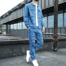 现货21春秋季新款套装男士牛仔夹克外套青少年两件套T18P95，男装套装，星座1113