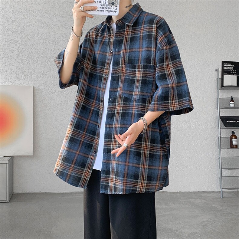 短袖衬衣男夏季新品港风宽松大码设计青年格子衬衫CS1902-P32，男装衬衫，星座214-3