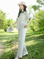 2025夏装新款苎麻碎花上衣复古宽松短袖印花衬衫女设计感碎花衬衣，女装套装/套裙，凝聚力
