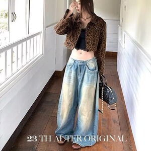 美式高街复古做旧水洗蓝泼墨设计破洞牛仔裤男女宽松直筒长裤图片