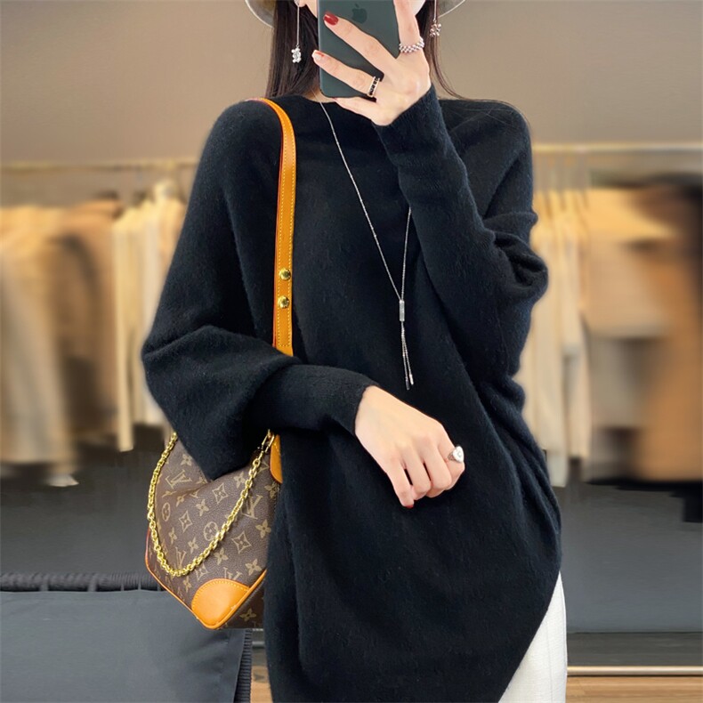 一线成衣女圆领蝙蝠袖宽松慵懒风长袖毛衣纯色羊绒衫图片