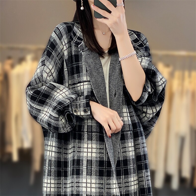 秋冬新款中长款羊绒开衫女西装领黑白格大衣宽松慵懒羊毛针织外套,女装毛呢外套,优麦羊绒（原洪叶羊绒）