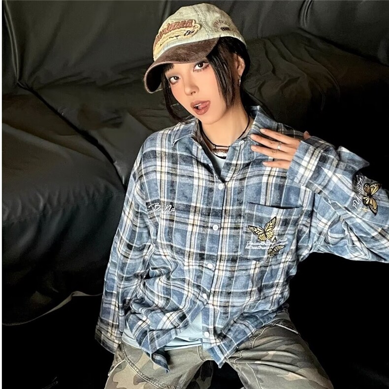 秋款男女格子条纹扎染衬衫蝴蝶字母刺绣中性风衬衫CS66 P50图片
