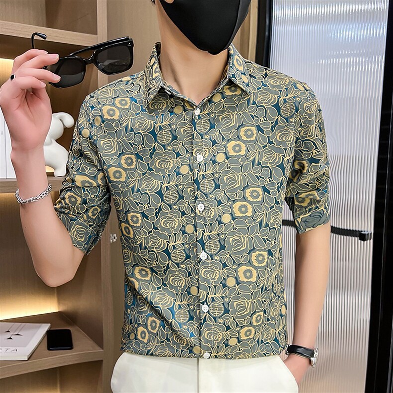 507A-CS532-P482025夏季时尚男士碎花衬衣百搭青年七分袖衬衫,男装衬衫,星座507A（原星座306B-2）