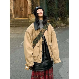 复古工装风PU皮拼接牛仔外套男女2025春秋新款休闲短款夹克上衣图片