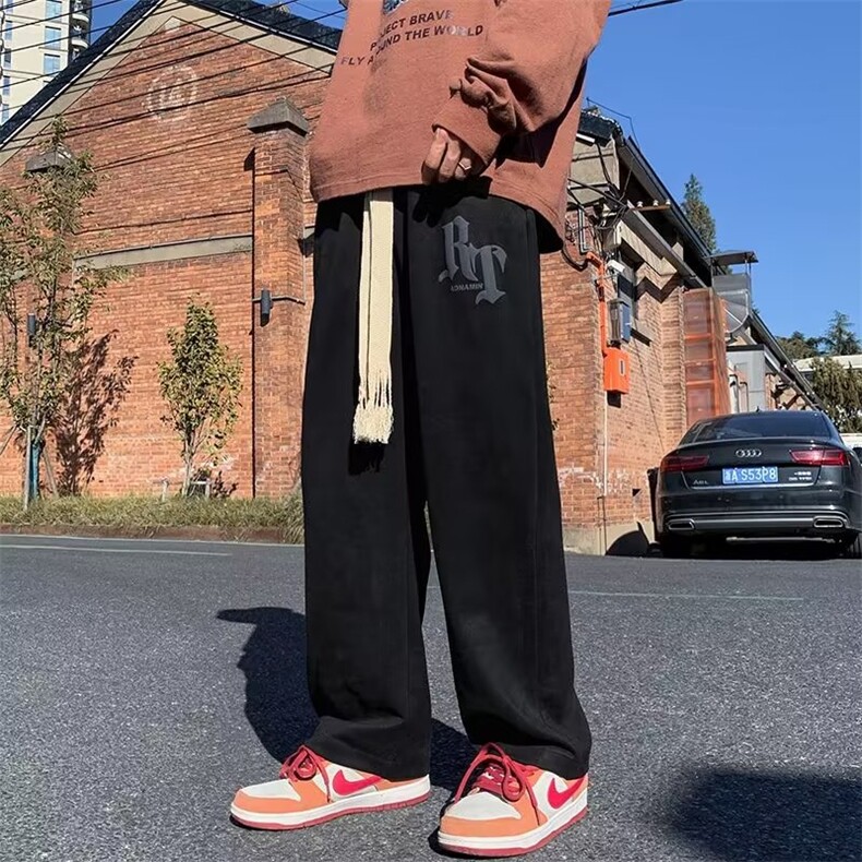 男秋季新款港风鹿皮绒休闲裤直筒垂感阔腿裤A742P38,男装休闲裤,星座1116-2