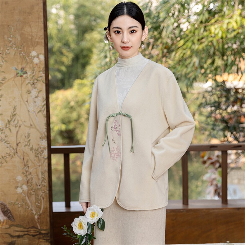 新中式国风禅意女装茶艺师服装改良汉服唐装上衣旗袍外搭开衫,女装毛呢外套,芷墨服饰