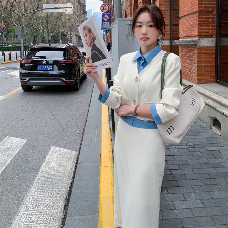 两件套裙子套装女2023春季新款韩版气质时尚衬衫拼接短款西装外套图片