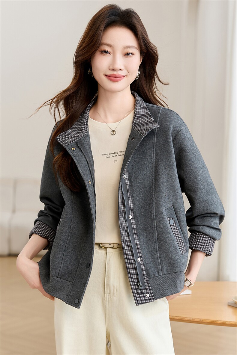 短外套女2025春新款宽松简约格子立领拼接小个子时尚减龄女士上衣,女装短外套,深水步