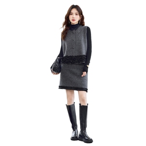 重工现货！秋季新款轻奢气质圆领重工拼接花边款时尚三件套裙女图片