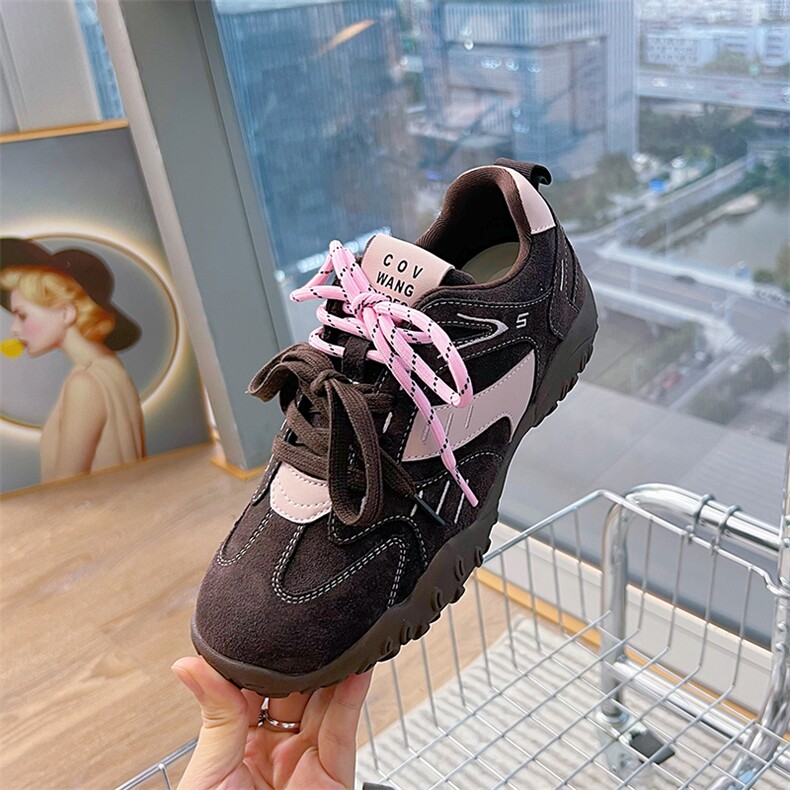 真皮厚底德训鞋女2024秋冬新款拼色双鞋带运动老爹鞋休闲阿甘鞋女,女鞋休闲鞋,电商A223