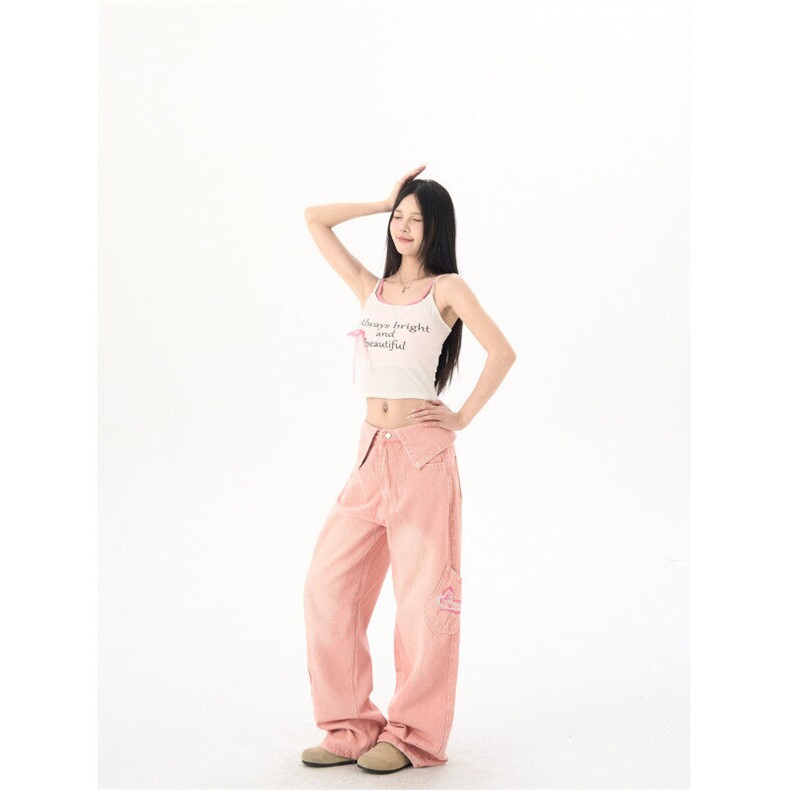 7951-P62多巴胺甜酷辣妹美式高腰显瘦阔腿牛仔拖地裤粉色，女装休闲裤，电商A306A