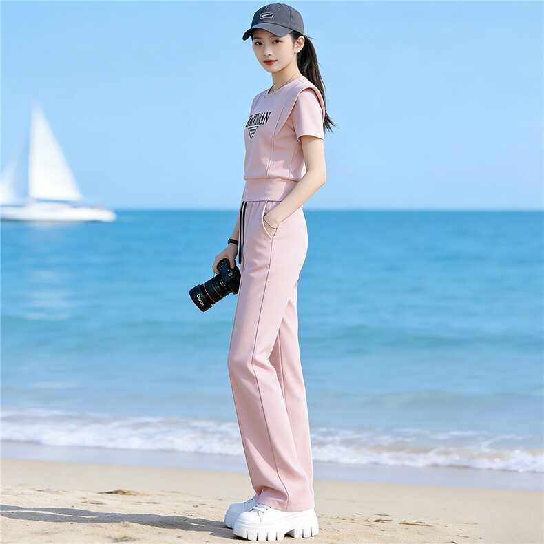 小众设计感时尚运动休闲套装女夏圆领字母短袖上衣休闲长裤两件套,女装套装/套裙,江南
