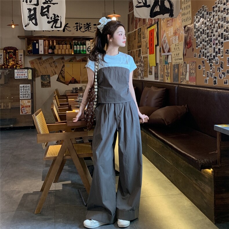 休闲运动假两件T恤阔腿裤套装女夏2025新款高级感又酷又飒两件套,女装套装/套裙,2C305