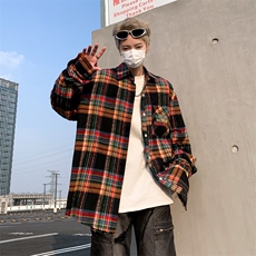 格子衬衫男长袖春夏宽松复古风上衣百搭痞帅内搭衬衣外套C52/P48，男装衬衫，星座506