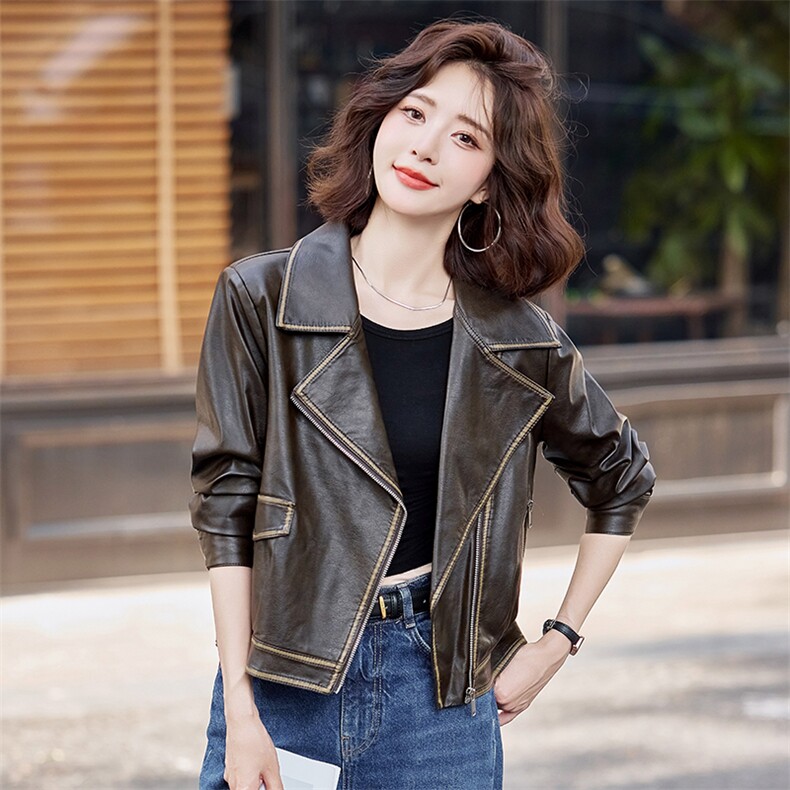 港风美式复古pu皮衣外套女2025春新款设计感小个子短款机车皮夹克,女装皮衣,简古