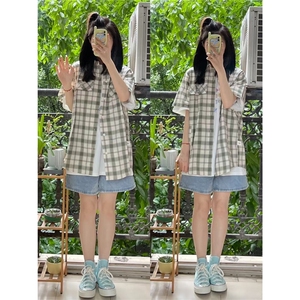 格子短袖衬衫女2025新款小个子薄款夏季宽松外套开衫上衣图片