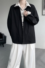 潮流休闲花卉印花领翻领假两件休闲长袖衬衫上衣男潮P55，男装衬衫，电商B319