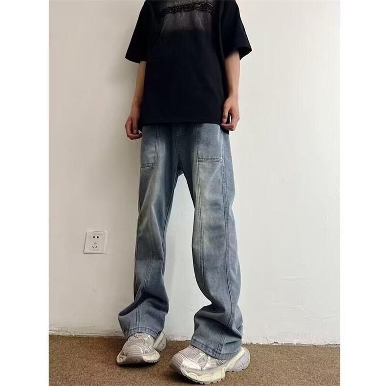 美式复古水洗做旧拼接解构微喇弯刀牛仔裤男宽松直筒阔腿vibe裤子,男装牛仔裤,星座1210-1