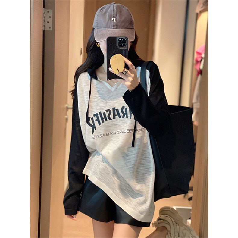 插肩袖V领拼色针织衫字母T恤女2022年早秋新款韩版简约百搭上衣,针织衫/毛衣,辉之琳