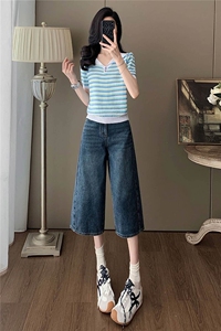 女夏新款时尚套装宽松显瘦娃娃领条纹冰丝短袖上衣牛仔中裤两件套图片