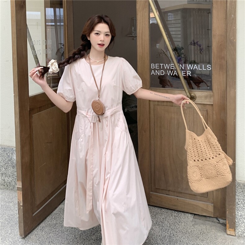 法式茶歇粉色泡泡袖连衣裙女夏新款甜美气质韩系温柔风收腰长裙,女装连衣裙,2C120
