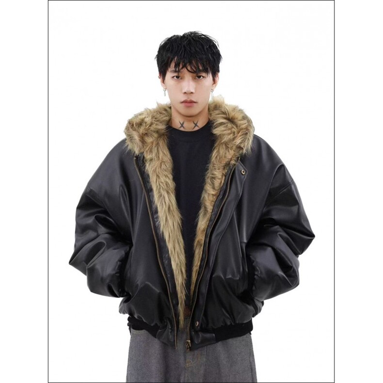 网图美式复古双面穿皮毛一体皮草外套款冬季加厚保暖连帽皮衣，男装皮衣，电商C307