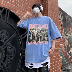 2023夏季美式复古宽松上衣新款水洗做旧重磅短袖t恤男T1414-P33，男装T恤，星座512-2