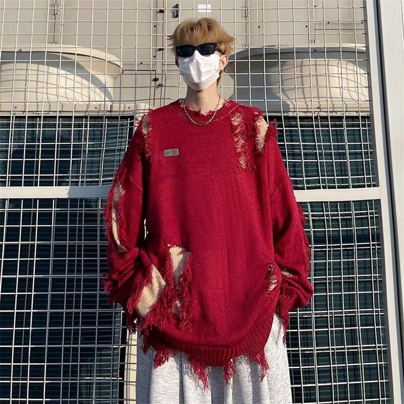 不规则破洞圆领针织衫男秋冬季街头慵懒风宽松情侣毛衣7178图片