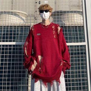 不规则破洞圆领针织衫男秋冬季街头慵懒风宽松情侣毛衣7178图片