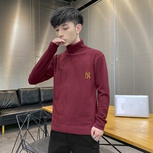 秋冬可翻高领毛衣男NY纯色长袖男刺绣毛衫打底针织衫红M251P33图片