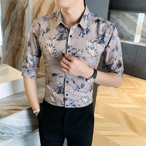 312A-191-P55 2025新款韩版修身帅气花衬衫英伦时尚男士衬衣B图片