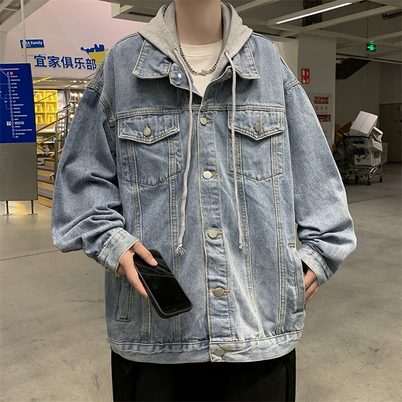 港风秋款男牛仔夹克衫连帽纯色休闲外套JK1182P60,男装夹克,星座1013-1