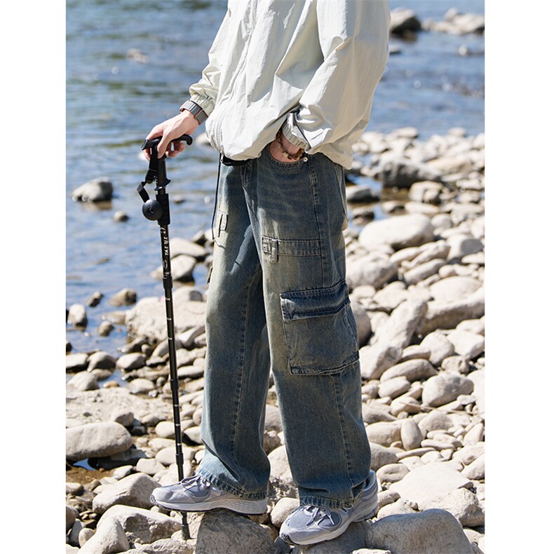 多口袋vibe高街美式复古工装裤女秋阔腿牛仔裤男宽松D1129/P58，男装牛仔裤，电商B381-2