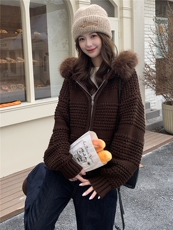 连帽大毛领针织开衫冬韩系慵懒风宽松毛衣外套，女装针织衫/毛衣，郎佰婉