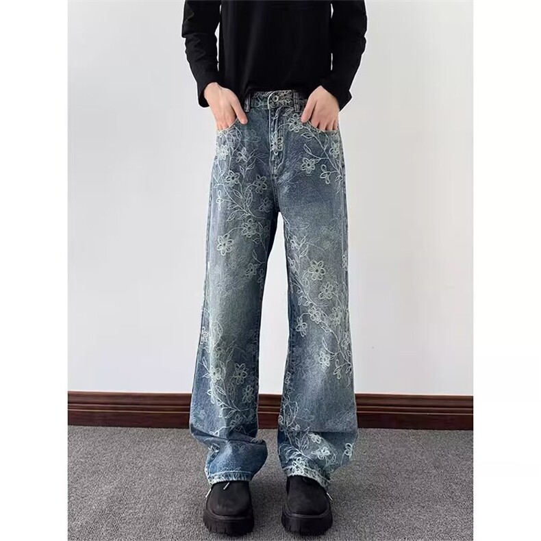 高街提花牛仔裤男直筒微喇长裤潮牌牛仔裤子1001-1-FA108-P48,男装牛仔裤,星座1001-1