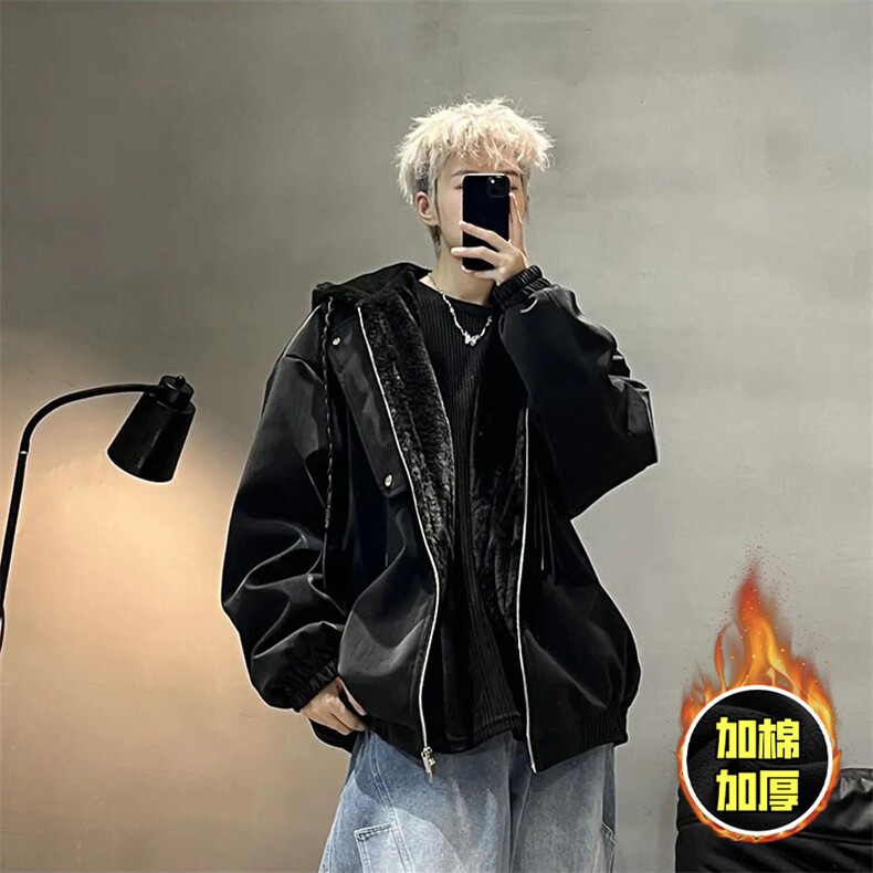 现货高品质美式高街重磅座山雕连帽pu皮棉衣男女加厚毛毛绒冬外套，男装皮衣，电商A486-1