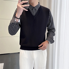 轻熟风~秋冬季假两件衬衫领毛衣男针织打底衫潮流修身衣服M01-P85，男装针织衫/毛衣，电商D323（原B261）