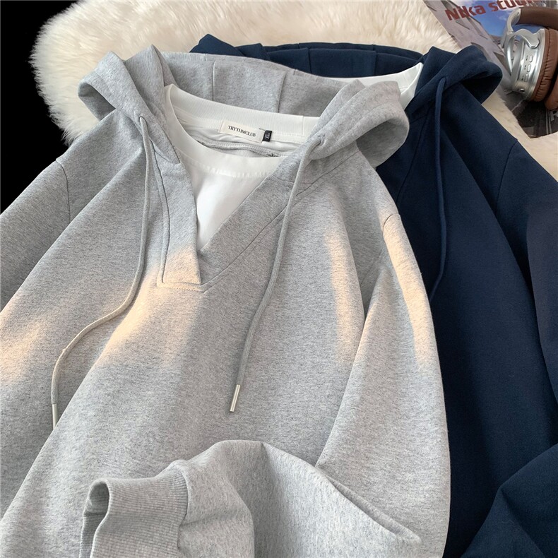 美式复古假两件百搭连帽卫衣男女设计感cleanfit帽衫 D372 P68图片