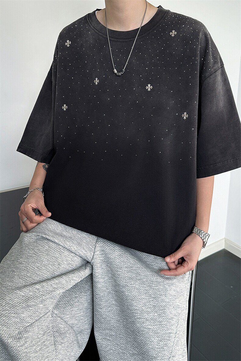 8XL-M满天星轻奢烫钻宽松版落肩纯棉短袖T恤新款夏百搭上衣DX337,男装T恤,电商D206-1