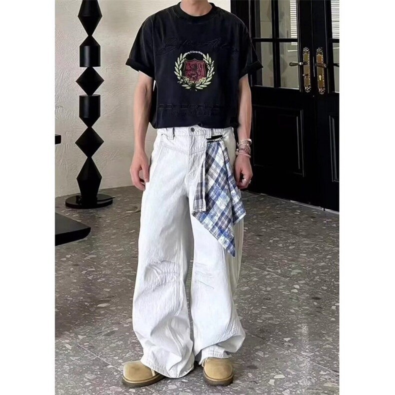 CP1237-P52白色美式夏季弯刀牛仔裤男做旧宽松长裤带方巾,男装牛仔裤,电商B323A