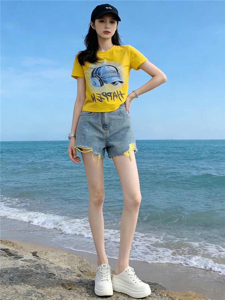 潮流休闲时尚运动套装女夏季新款圆领烫钻印花短袖牛仔短裤两件套,女装套装/套裙,江南