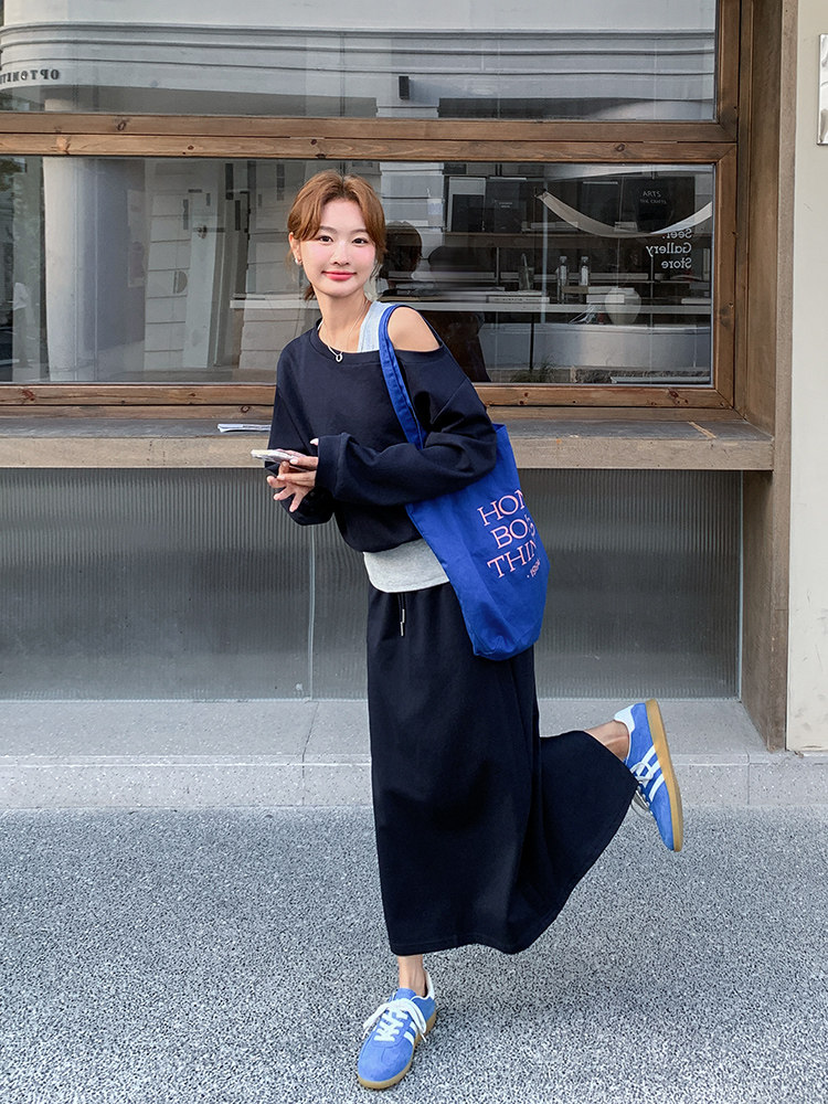 韩系气质假两件露肩卫衣套装裙女2025秋季新款小个子显瘦两件套潮,女装套装/套裙,纯色衣恋