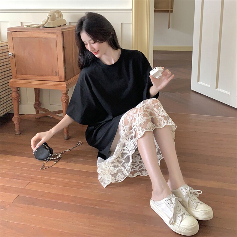 现货-主推-夏款新品黑色宽松连衣裙+蕾丝裙两件套,女装套装/套裙,新思路