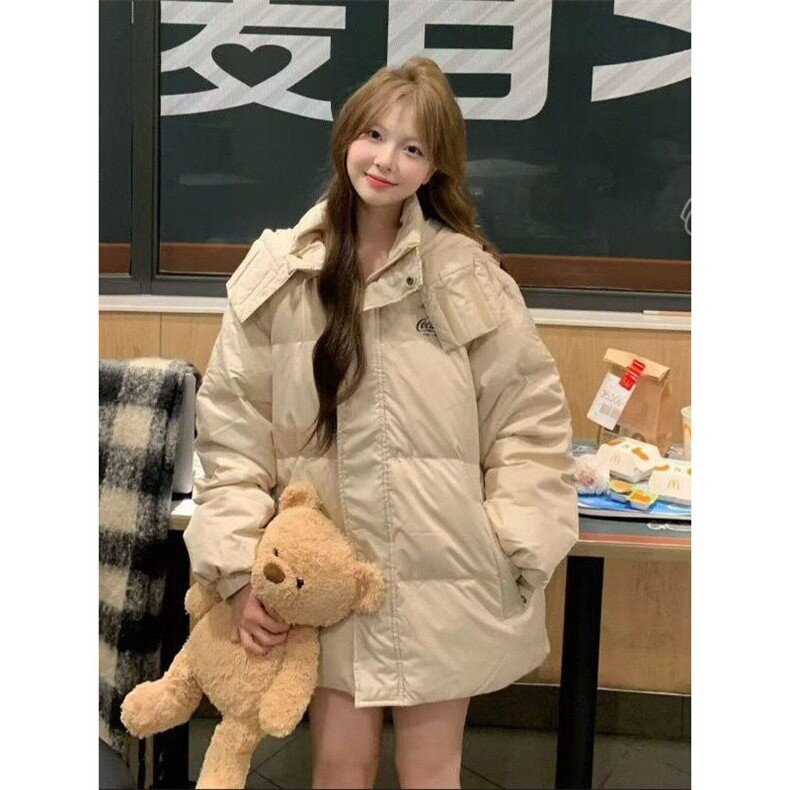 卡其色连帽保暖面包服外套女冬季新款设计感简约百搭宽松加厚棉服,男装夹克,星座506A