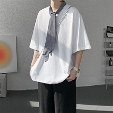 T10136-特批35控68新款小众夏季短袖撞色拼接双纱面料大码T恤，男装T恤，电商A059