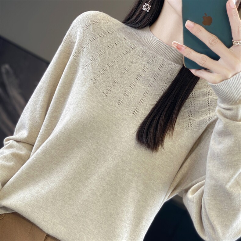 时尚百搭女针织衫简约舒适半高领毛衣优雅花纹镂空设计柔软亲肤,针织衫/毛衣,昭美羊绒