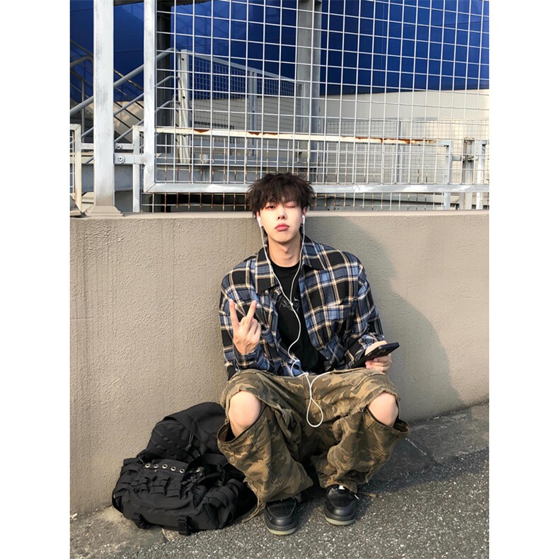 高质荃棉复古男咖蓝撞色格纹格子廓形宽松衬衫C3023,男装衬衫,星座1116A（原606A-3）