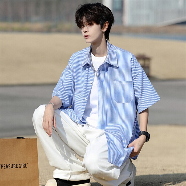 8XL-M 条纹短袖衬衫男夏季宽松慵懒风痞帅大码衬衣外套DC28001P40图片